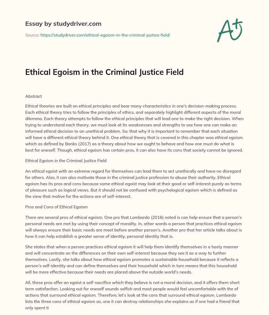 Ethical Egoism in the Criminal Justice Field essay