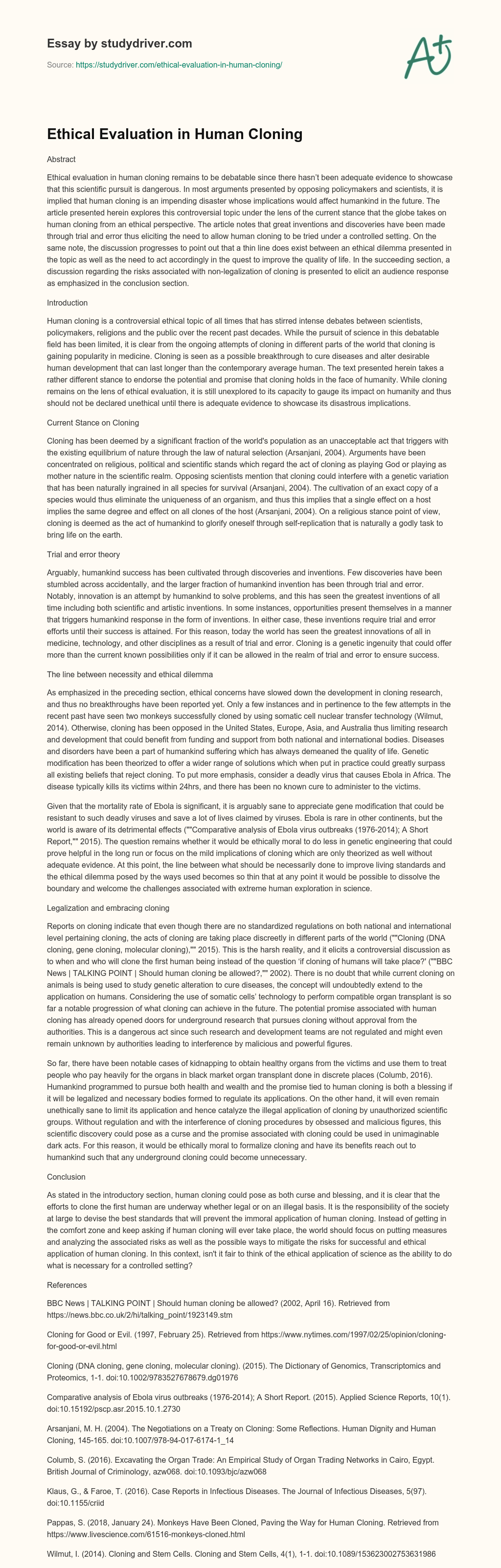 Ethical Evaluation in Human Cloning essay