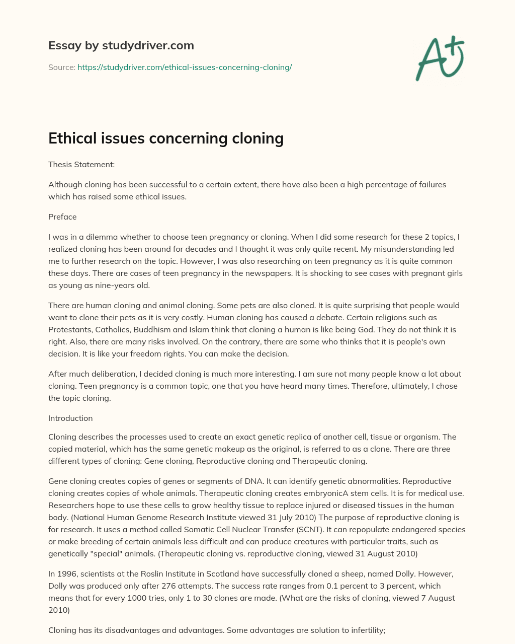 Ethical Issues Concerning Cloning essay