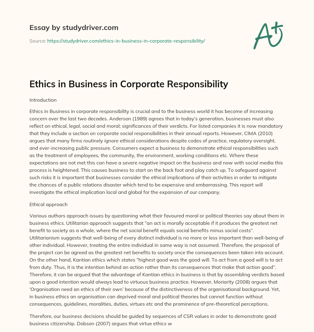 Ethics in Business in Corporate Responsibility essay