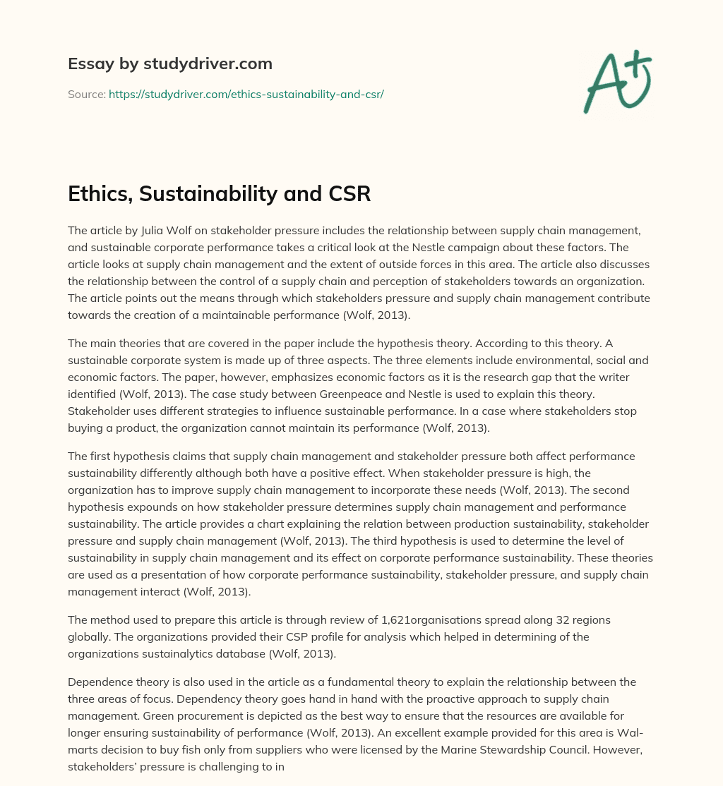 Ethics, Sustainability and CSR essay