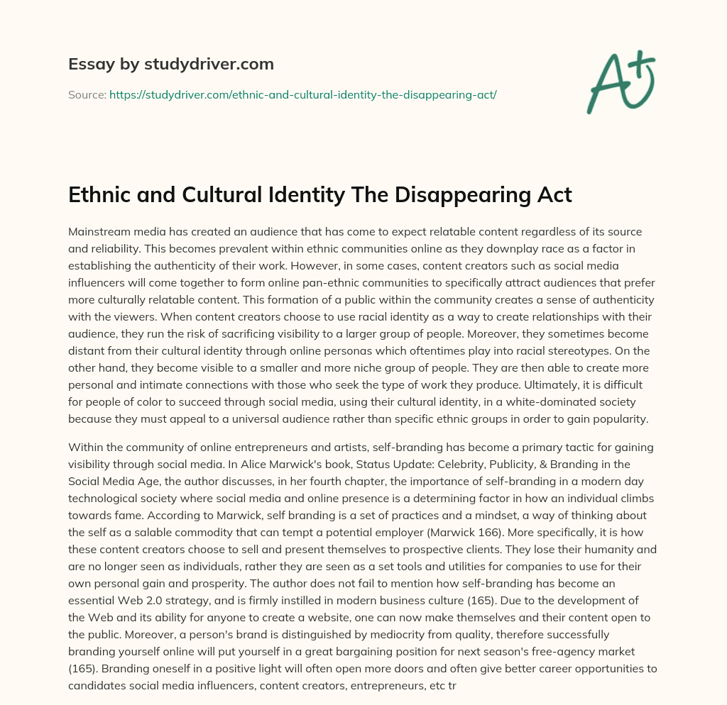 Ethnic and Cultural Identity the Disappearing Act essay