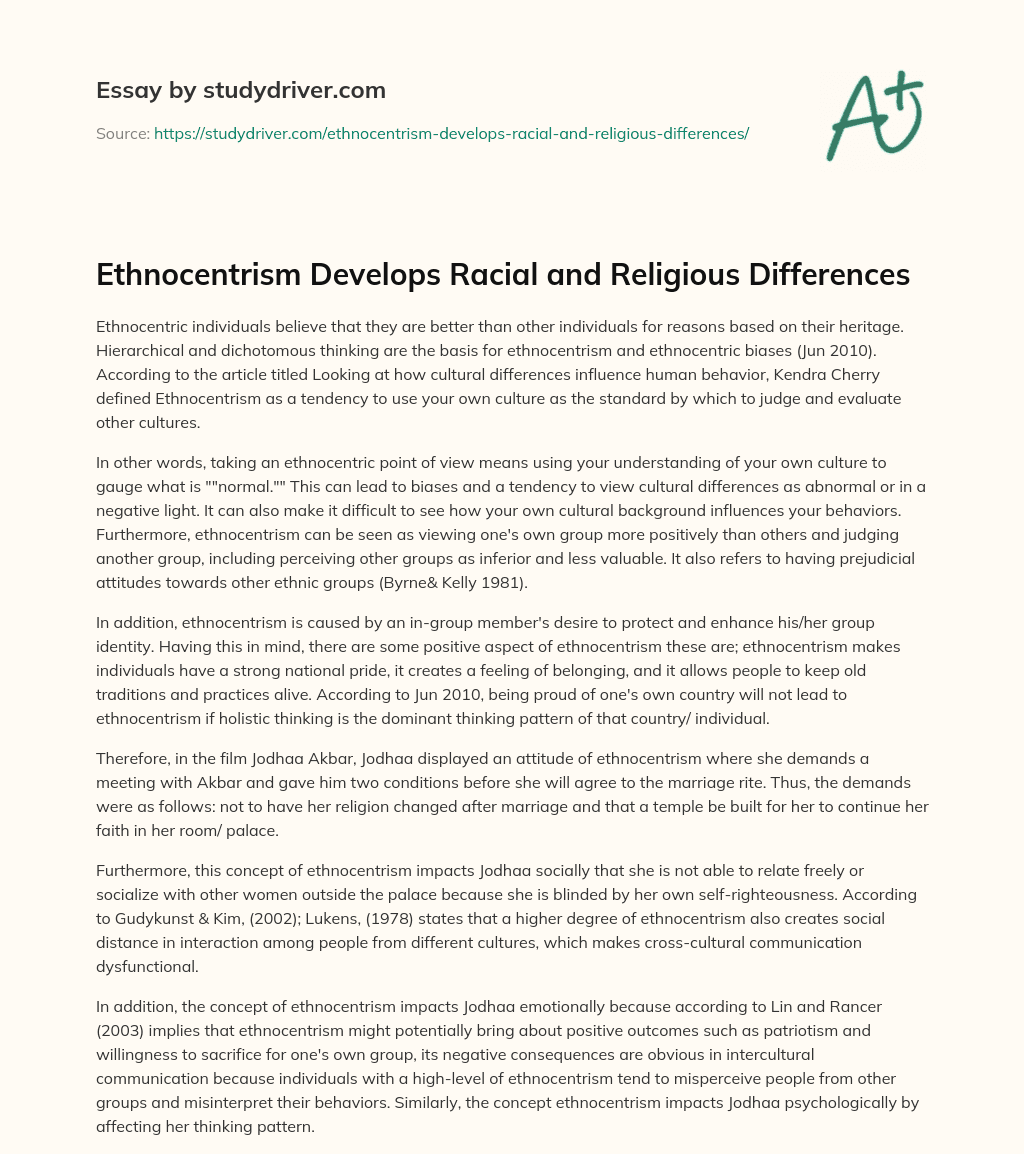 Ethnocentrism Develops Racial and Religious Differences essay