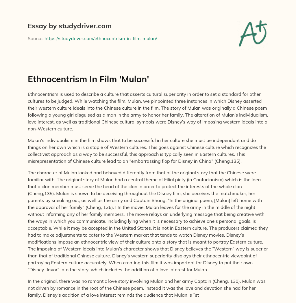 Ethnocentrism in Film ‘Mulan’ essay