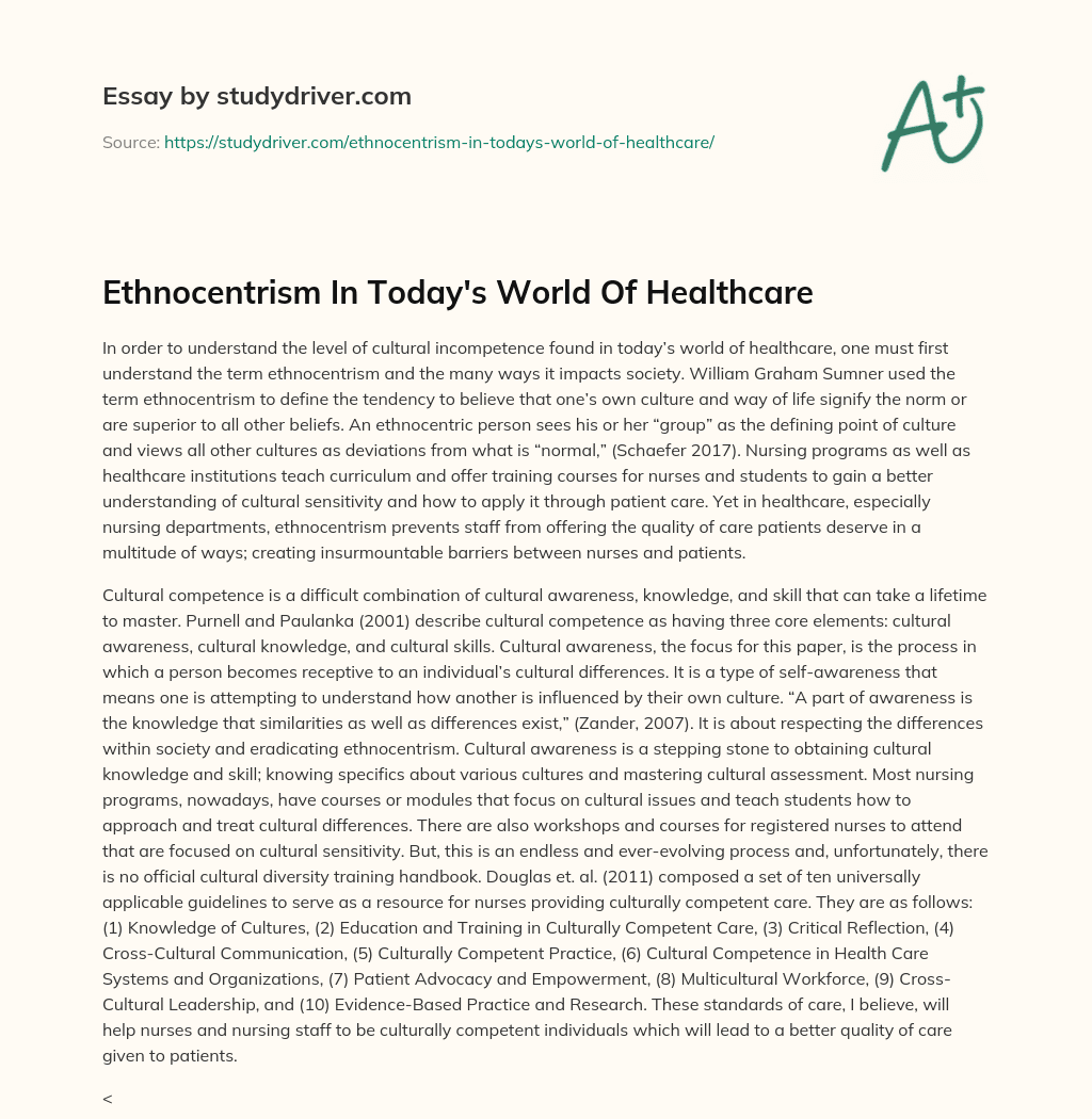 Ethnocentrism in Today’s World of Healthcare essay