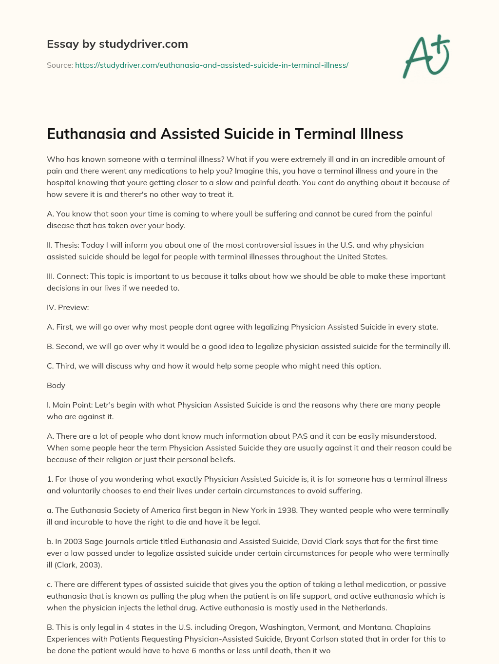 Euthanasia and Assisted Suicide in Terminal Illness essay