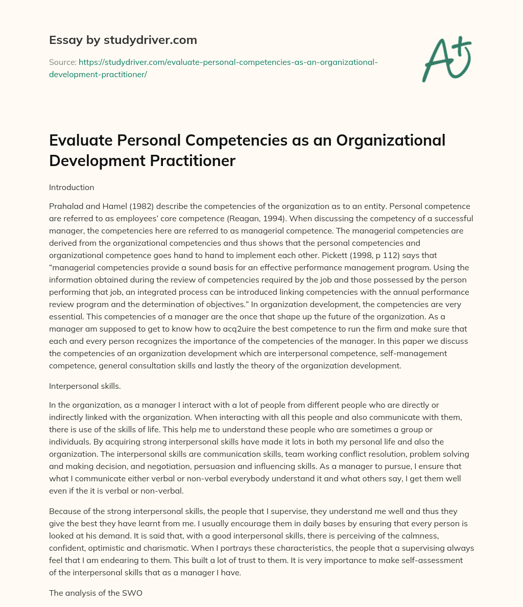 Evaluate Personal Competencies as an Organizational Development Practitioner essay