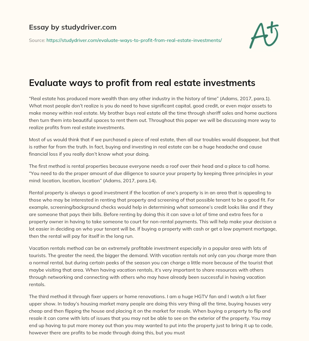 Evaluate Ways to Profit from Real Estate Investments essay