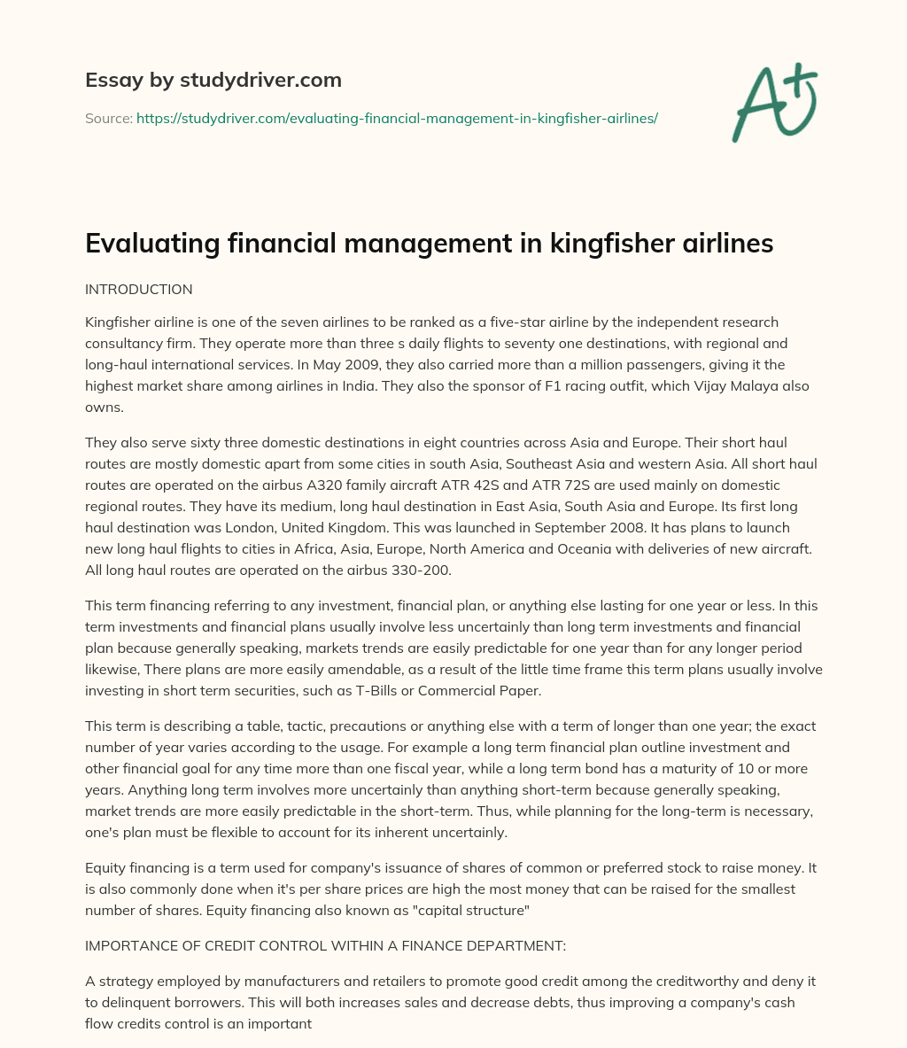 Evaluating Financial Management in Kingfisher Airlines essay
