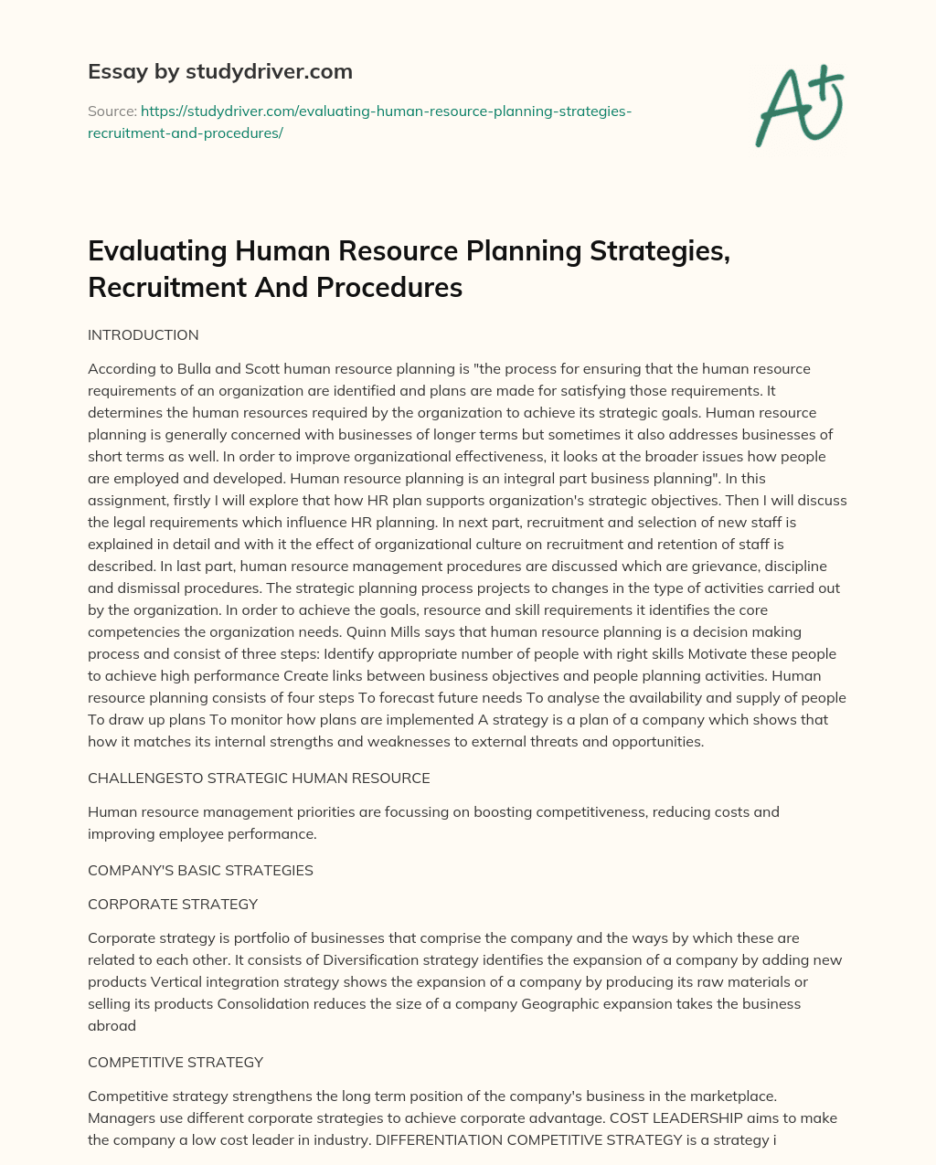 Evaluating Human Resource Planning Strategies, Recruitment and Procedures essay