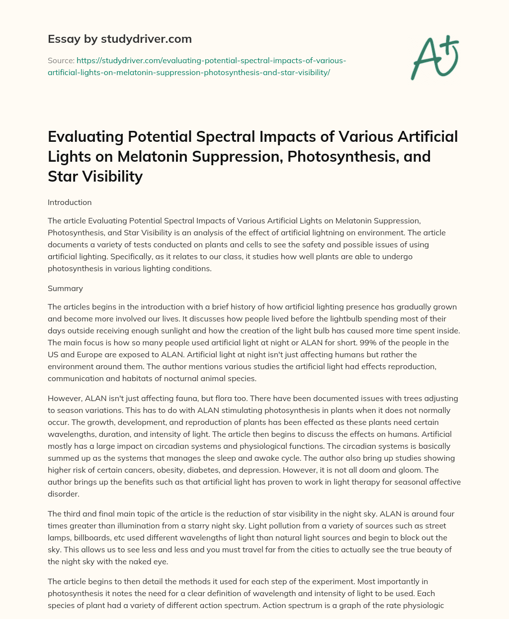 Evaluating Potential Spectral Impacts of Various Artificial Lights on Melatonin Suppression, Photosynthesis, and Star Visibility essay