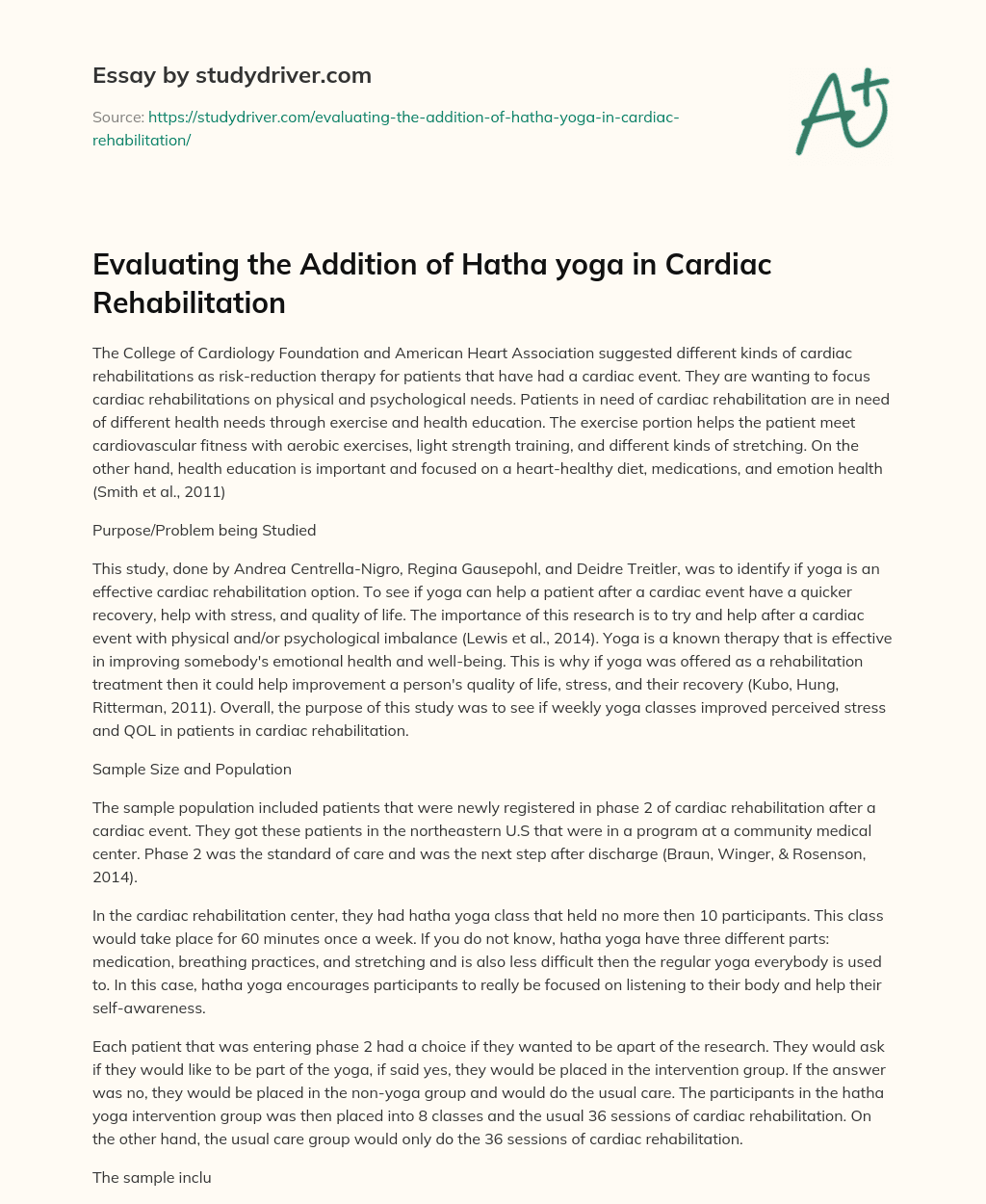 Evaluating the Addition of Hatha Yoga in Cardiac Rehabilitation essay