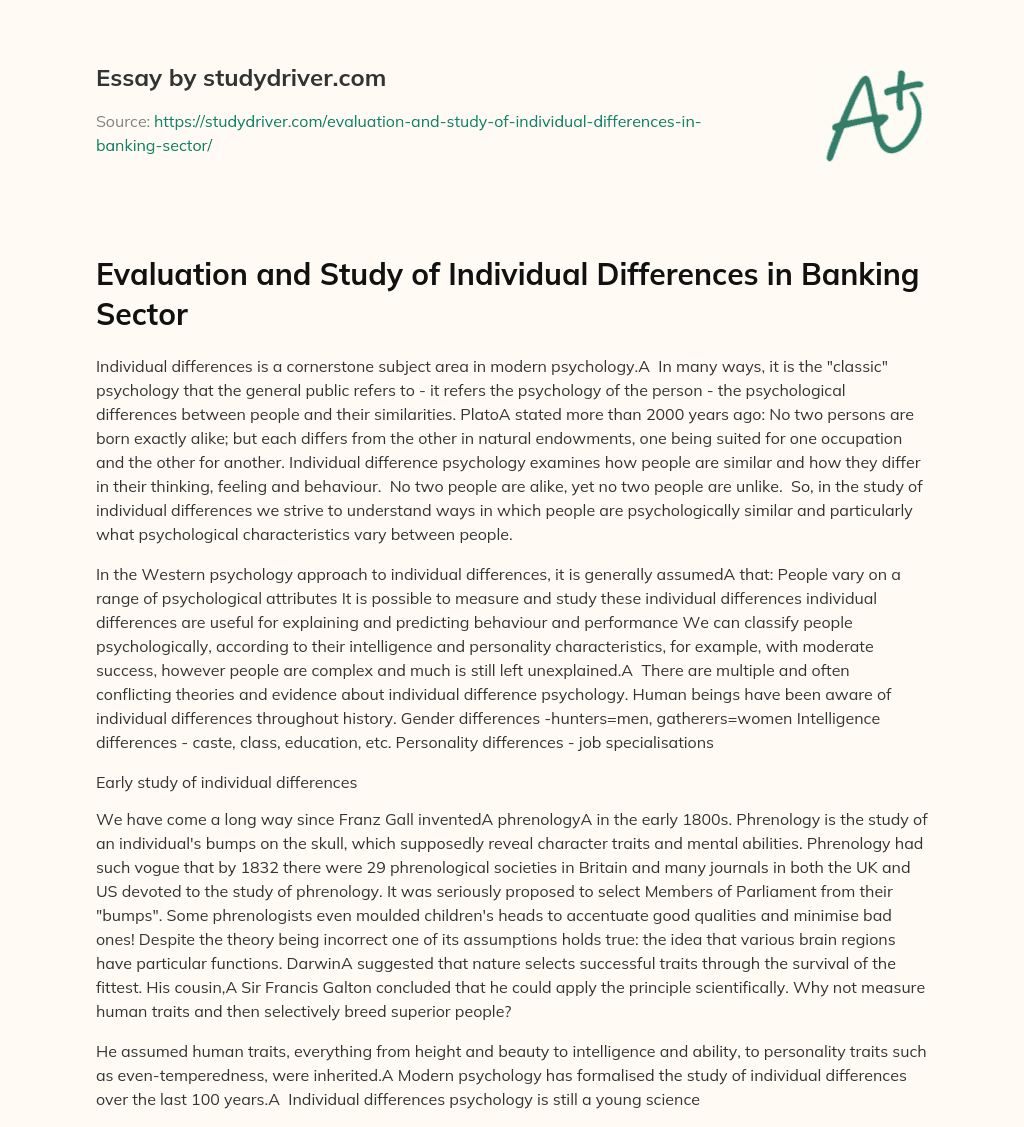 Evaluation and Study of Individual Differences in Banking Sector essay