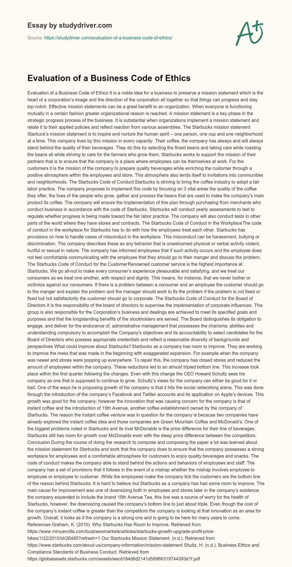 Evaluation of a Business Code of Ethics essay