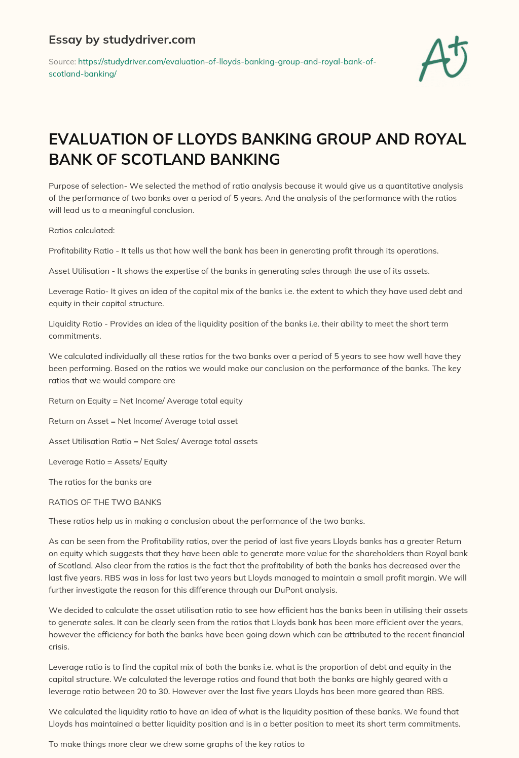 EVALUATION of LLOYDS BANKING GROUP and ROYAL BANK of SCOTLAND BANKING essay