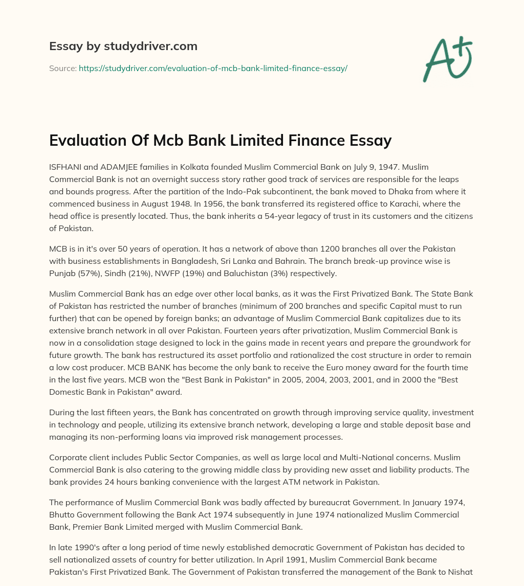Evaluation of Mcb Bank Limited Finance Essay essay