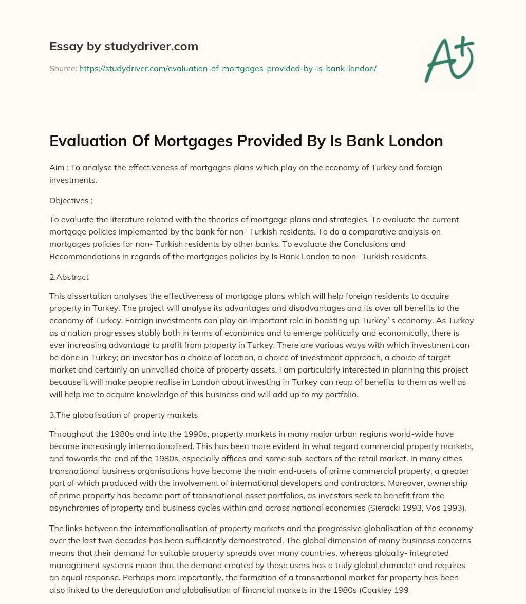 Evaluation of Mortgages Provided by is Bank London essay