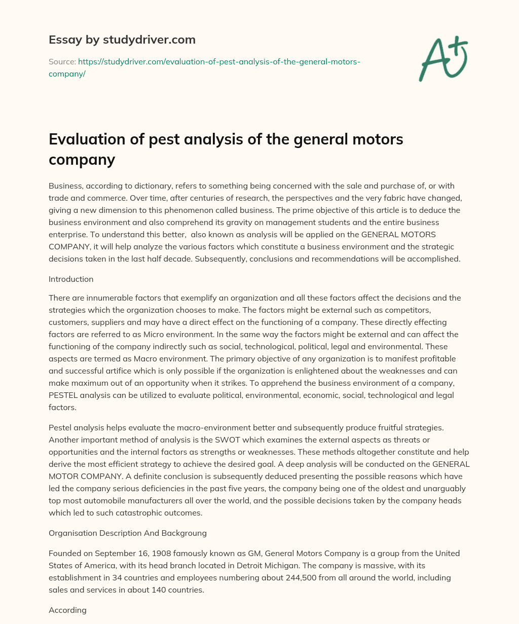 Evaluation of Pest Analysis of the General Motors Company essay