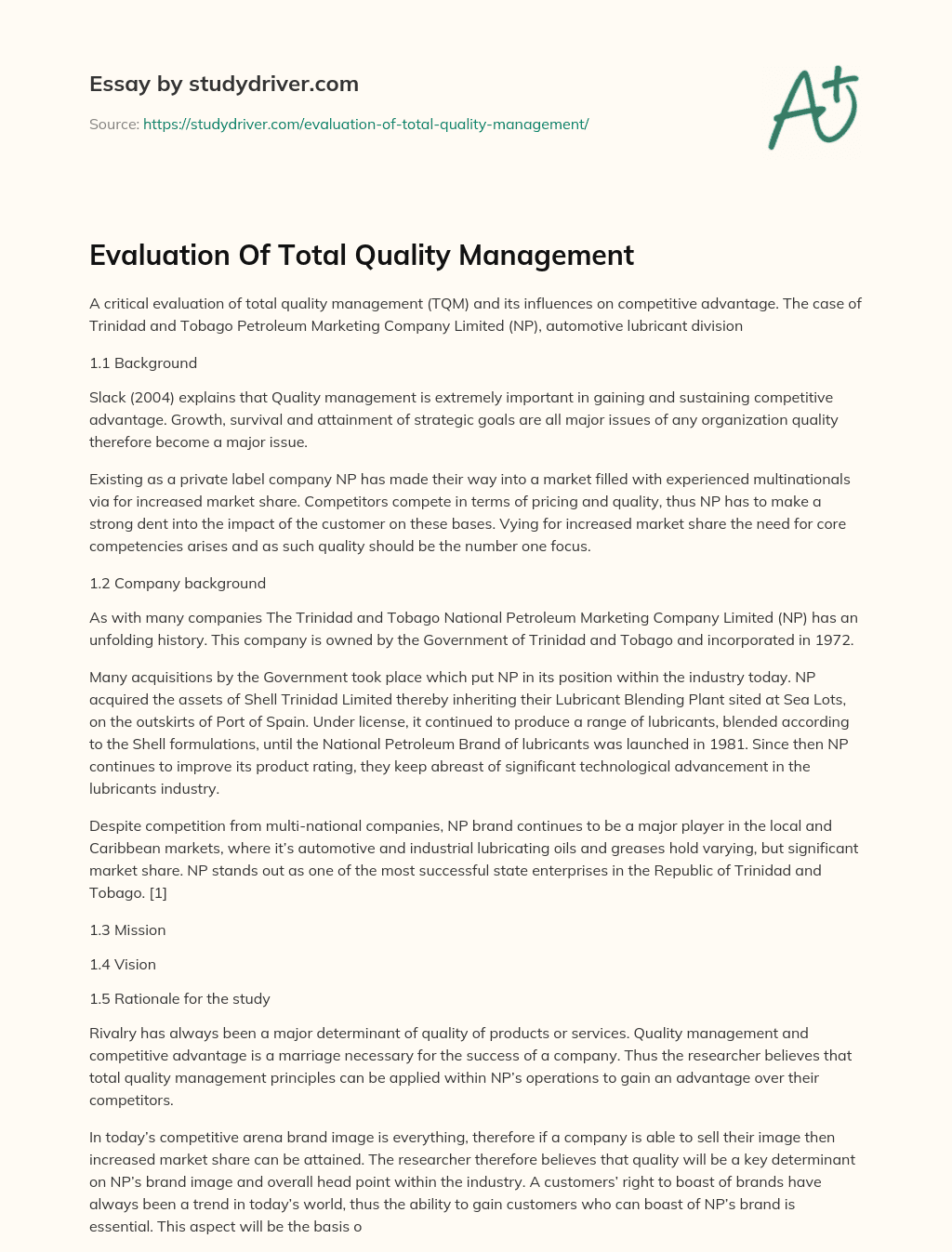 Evaluation of Total Quality Management essay