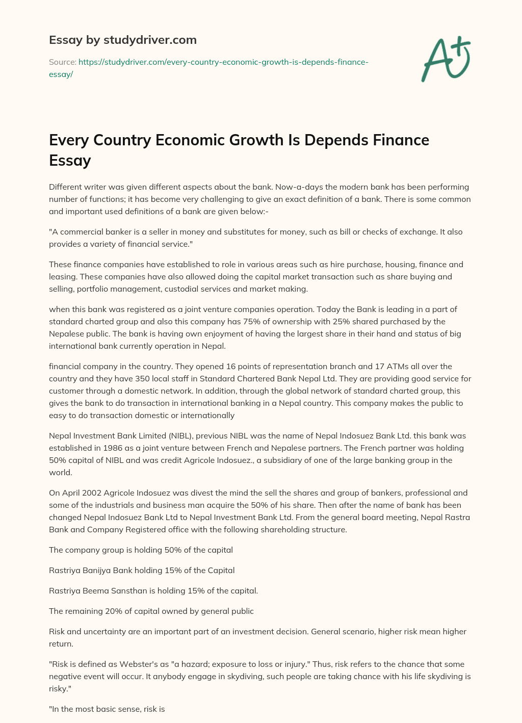 Every Country Economic Growth is Depends Finance Essay essay