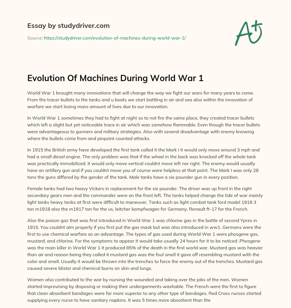Evolution of Machines during World War 1 essay