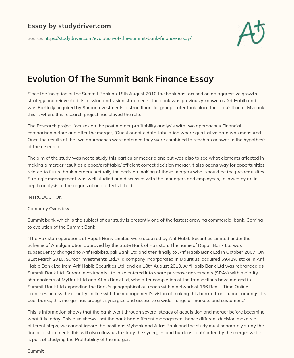 Evolution of the Summit Bank Finance Essay essay