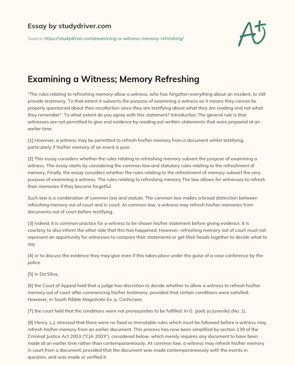 Examining a Witness; Memory Refreshing essay