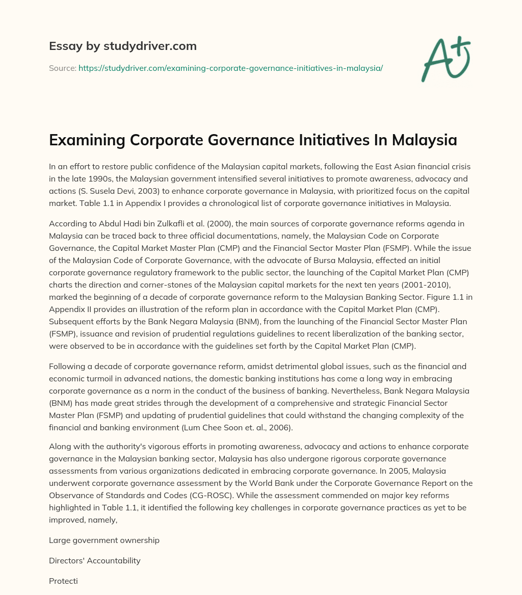 Examining Corporate Governance Initiatives in Malaysia essay