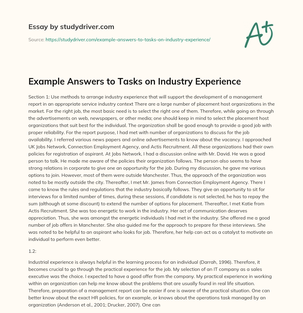 Example Answers to Tasks on Industry Experience essay