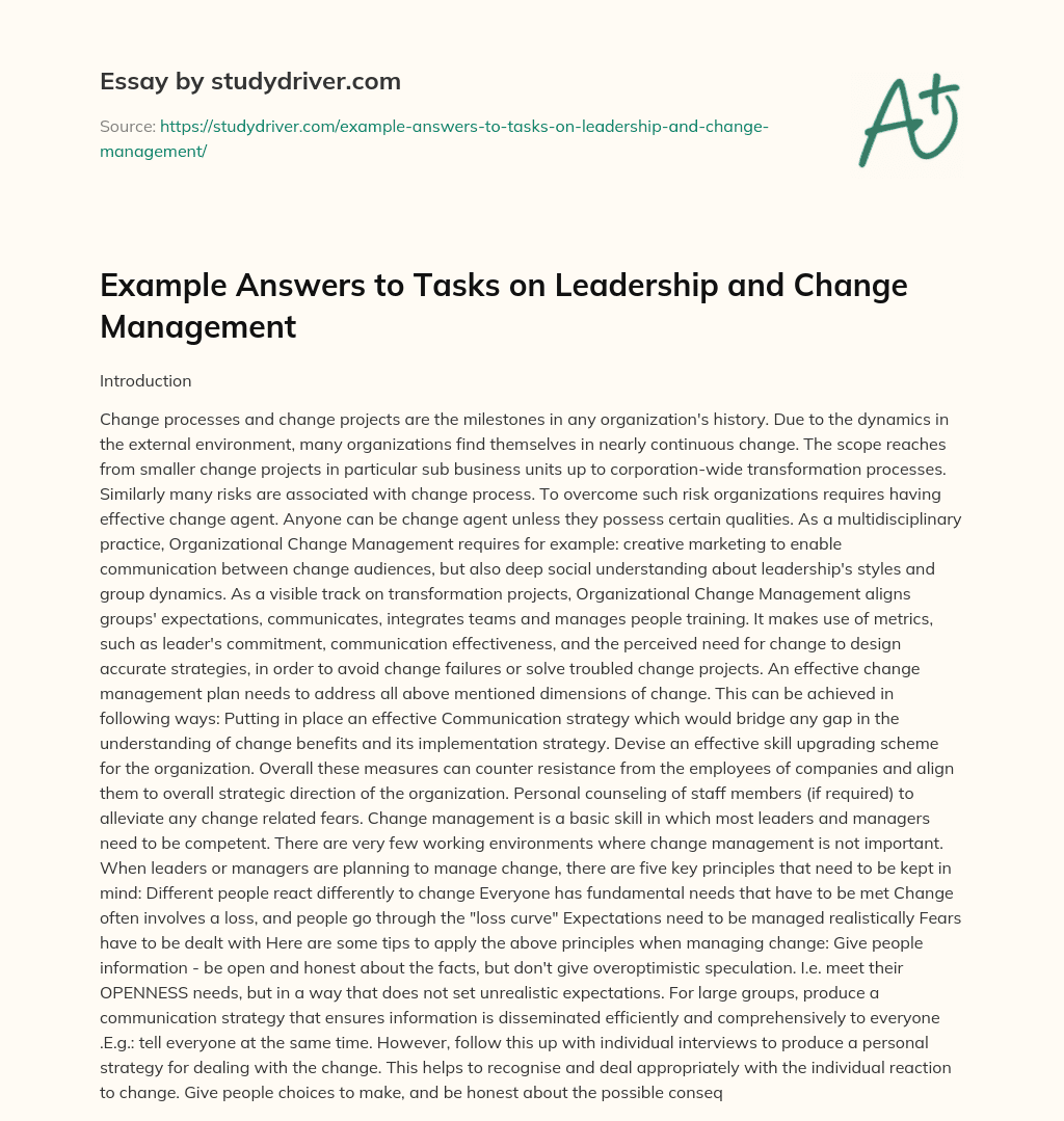 Example Answers to Tasks on Leadership and Change Management essay