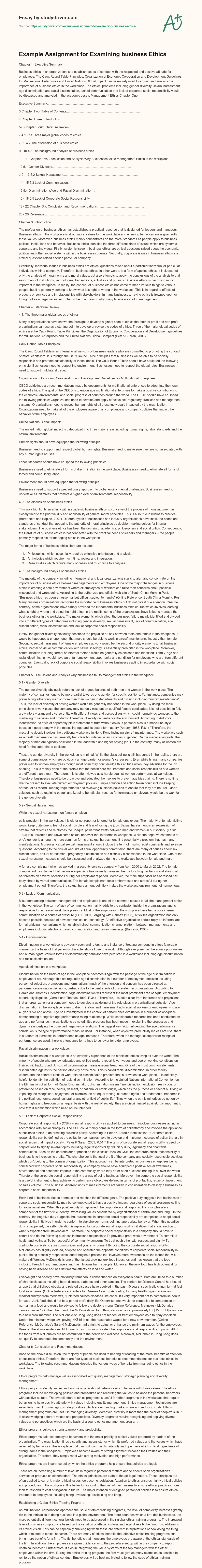 Example Assignment for Examining Business Ethics essay