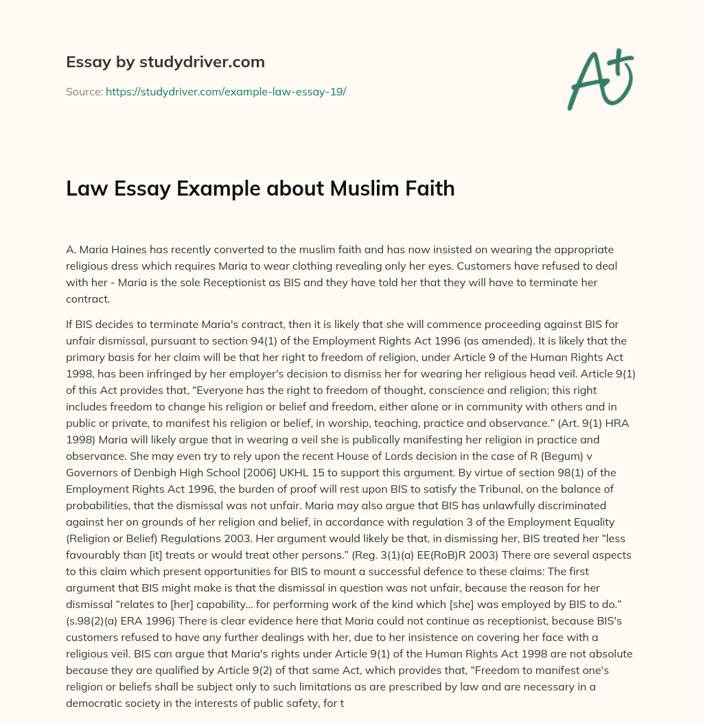 Law Essay Example about Muslim Faith essay
