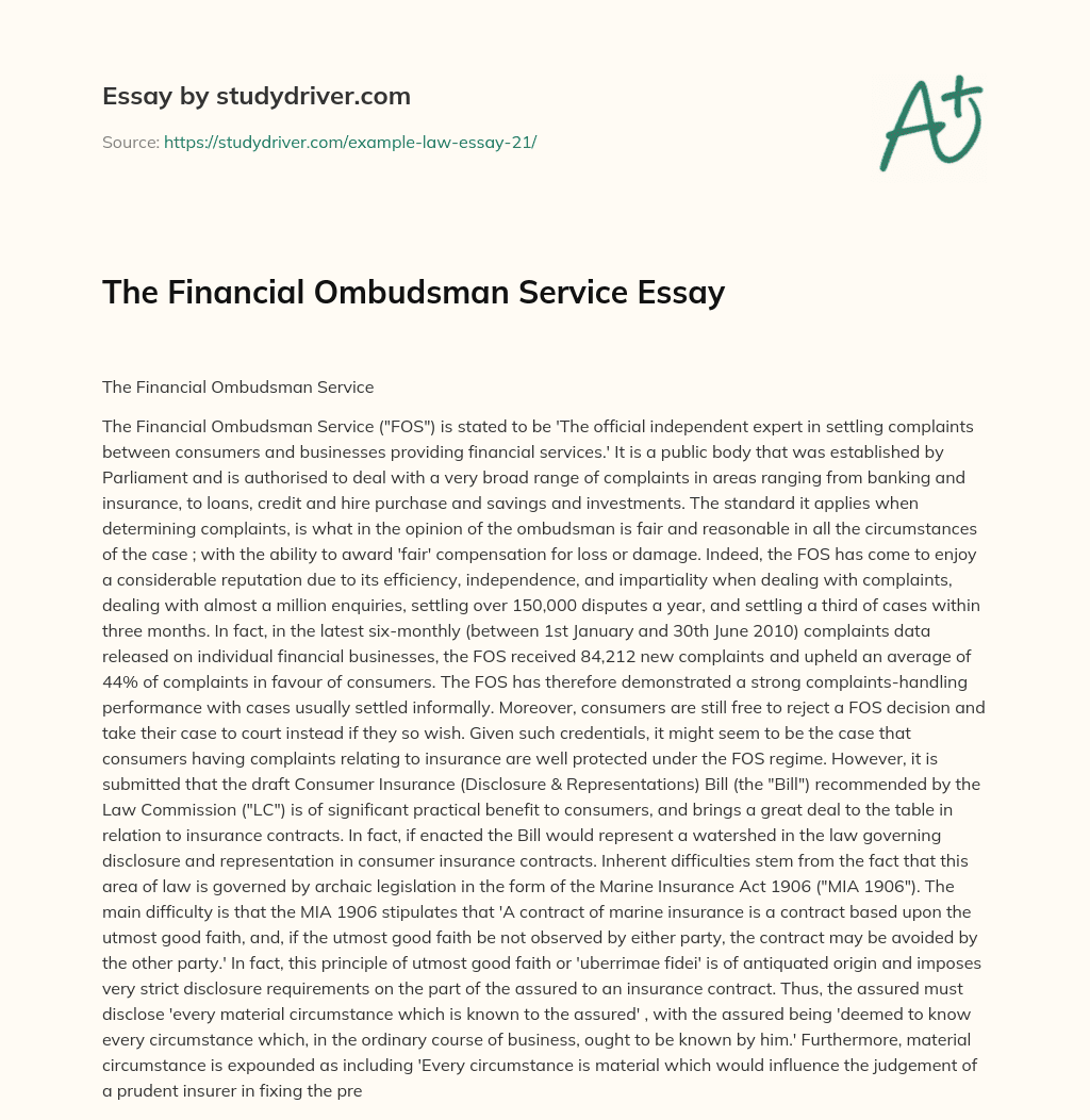 The Financial Ombudsman Service Essay essay