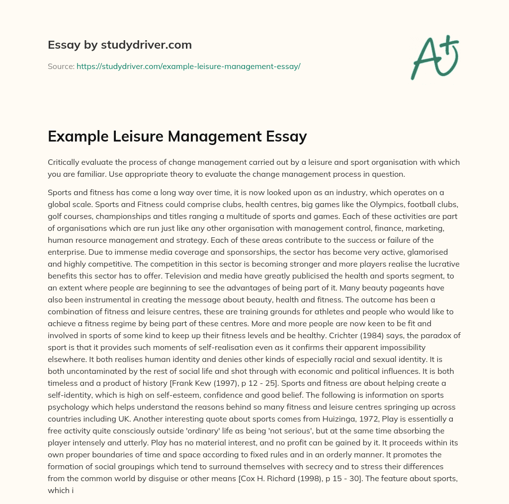 Example Leisure Management Essay essay