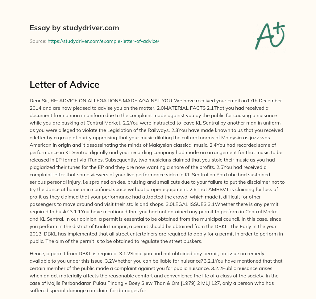 Letter of Advice essay