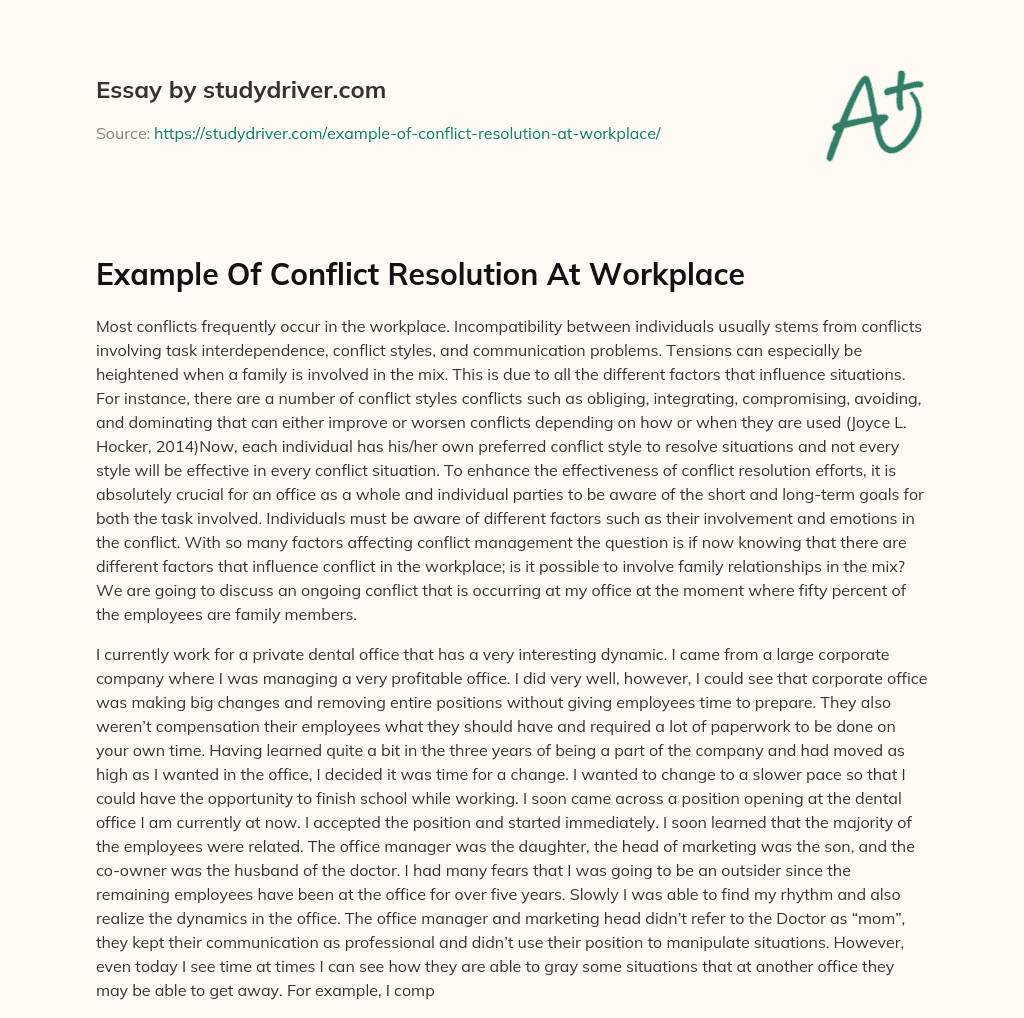 Example of Conflict Resolution at Workplace essay