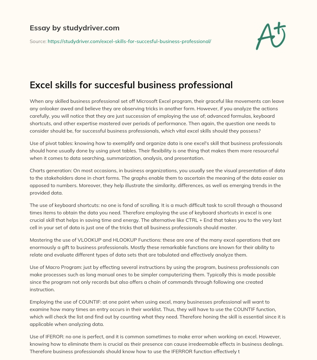 Excel Skills for Succesful Business Professional essay
