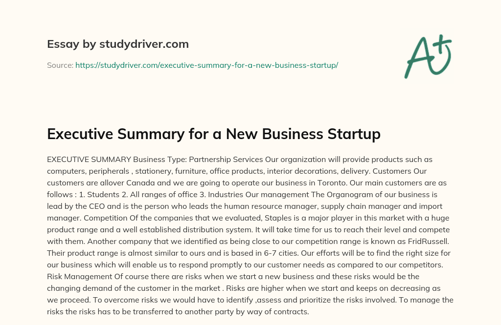 Executive Summary for a New Business Startup essay