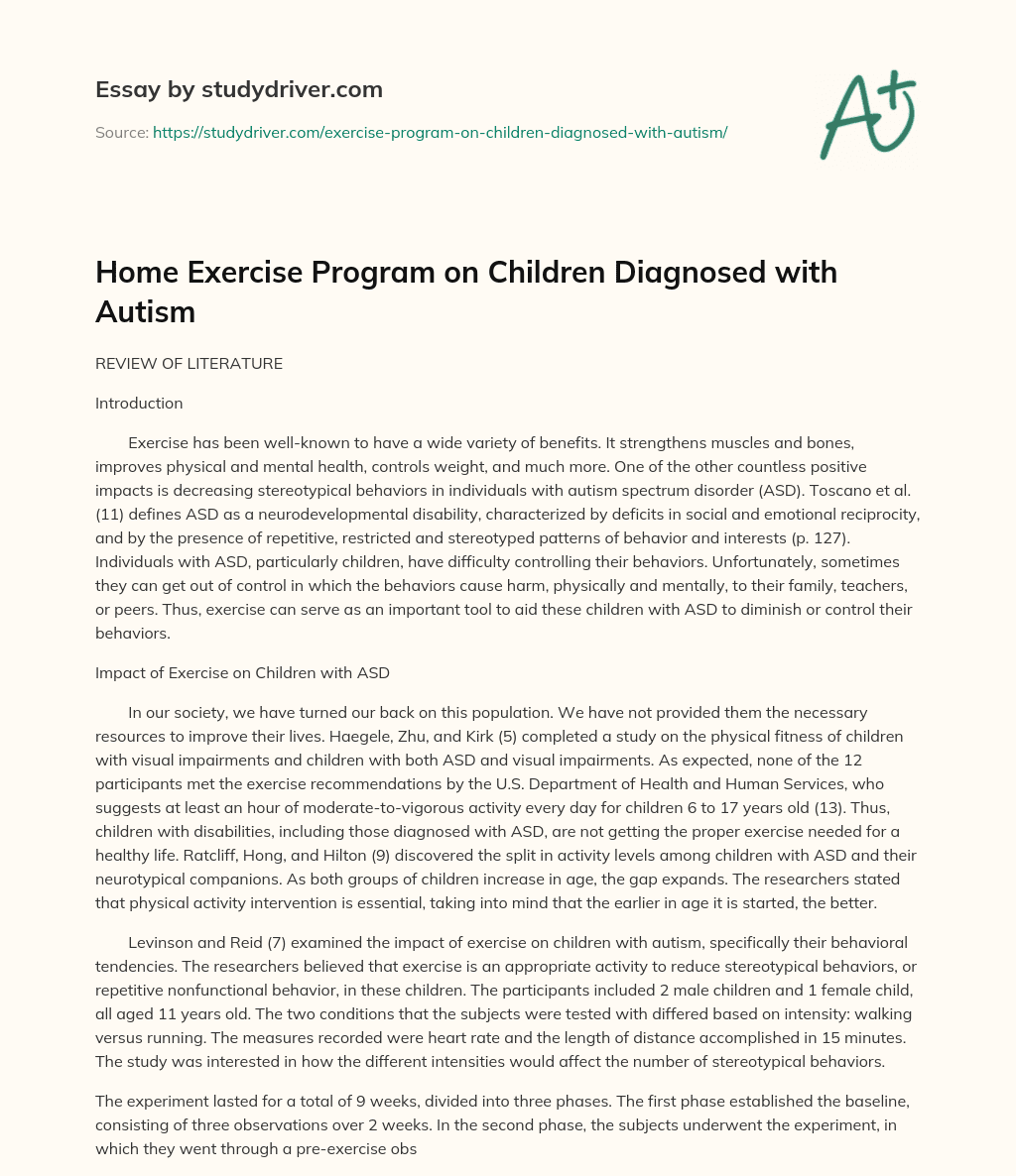 Home Exercise Program on Children Diagnosed with Autism essay