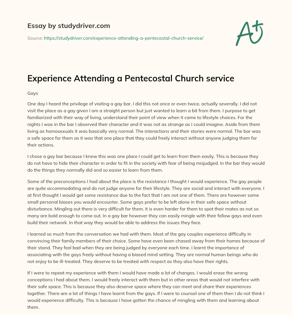 Experience Attending a Pentecostal Church Service essay