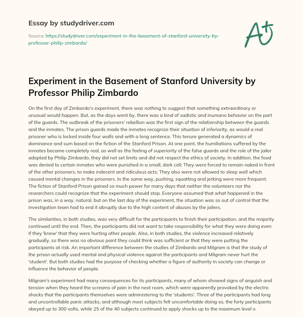 Experiment in the Basement of Stanford University by Professor Philip Zimbardo essay