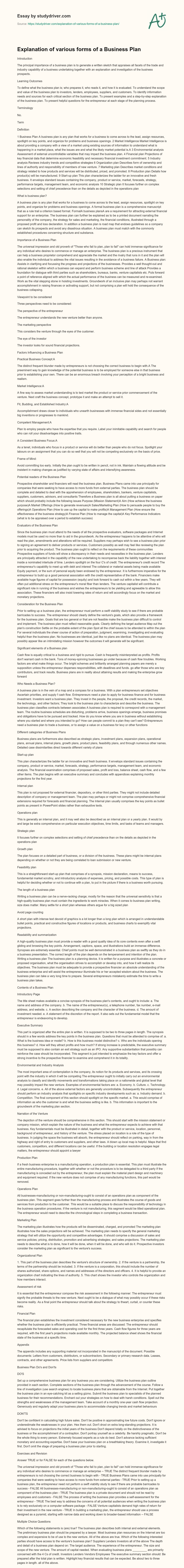 Explanation of Various Forms of a Business Plan essay