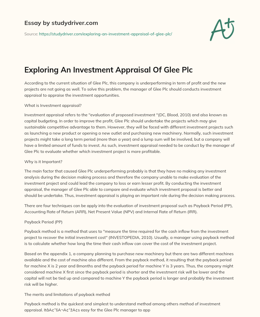 Exploring an Investment Appraisal of Glee Plc essay