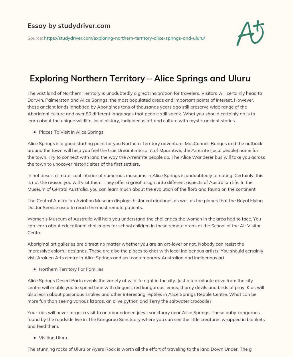  Exploring Northern Territory – Alice Springs and Uluru essay