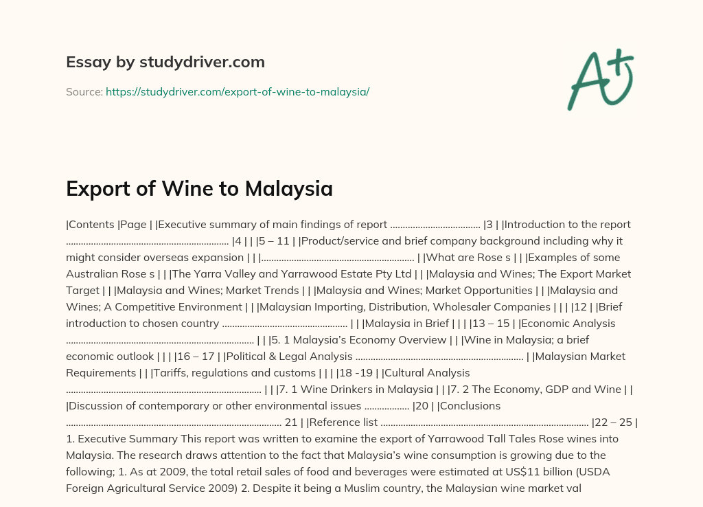 Export of Wine to Malaysia essay