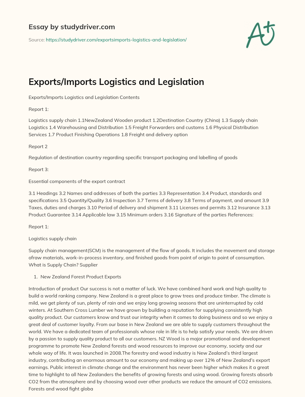 Exports/Imports Logistics and Legislation essay