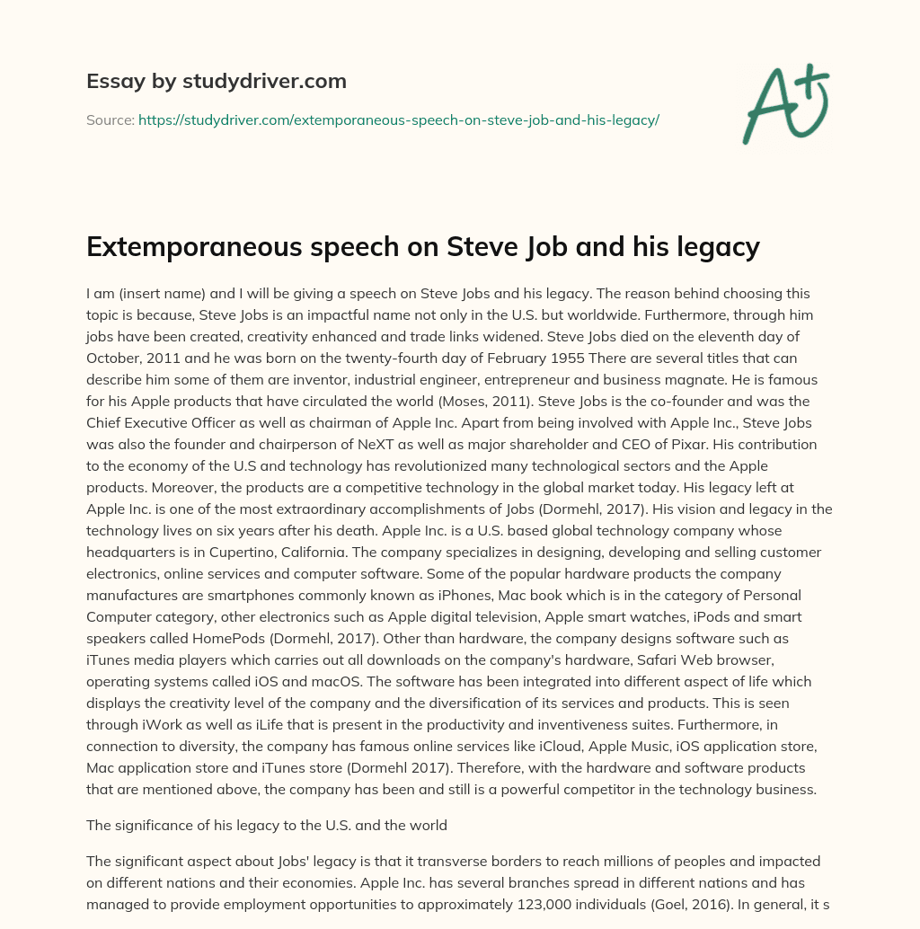 Extemporaneous Speech on Steve Job and his Legacy essay