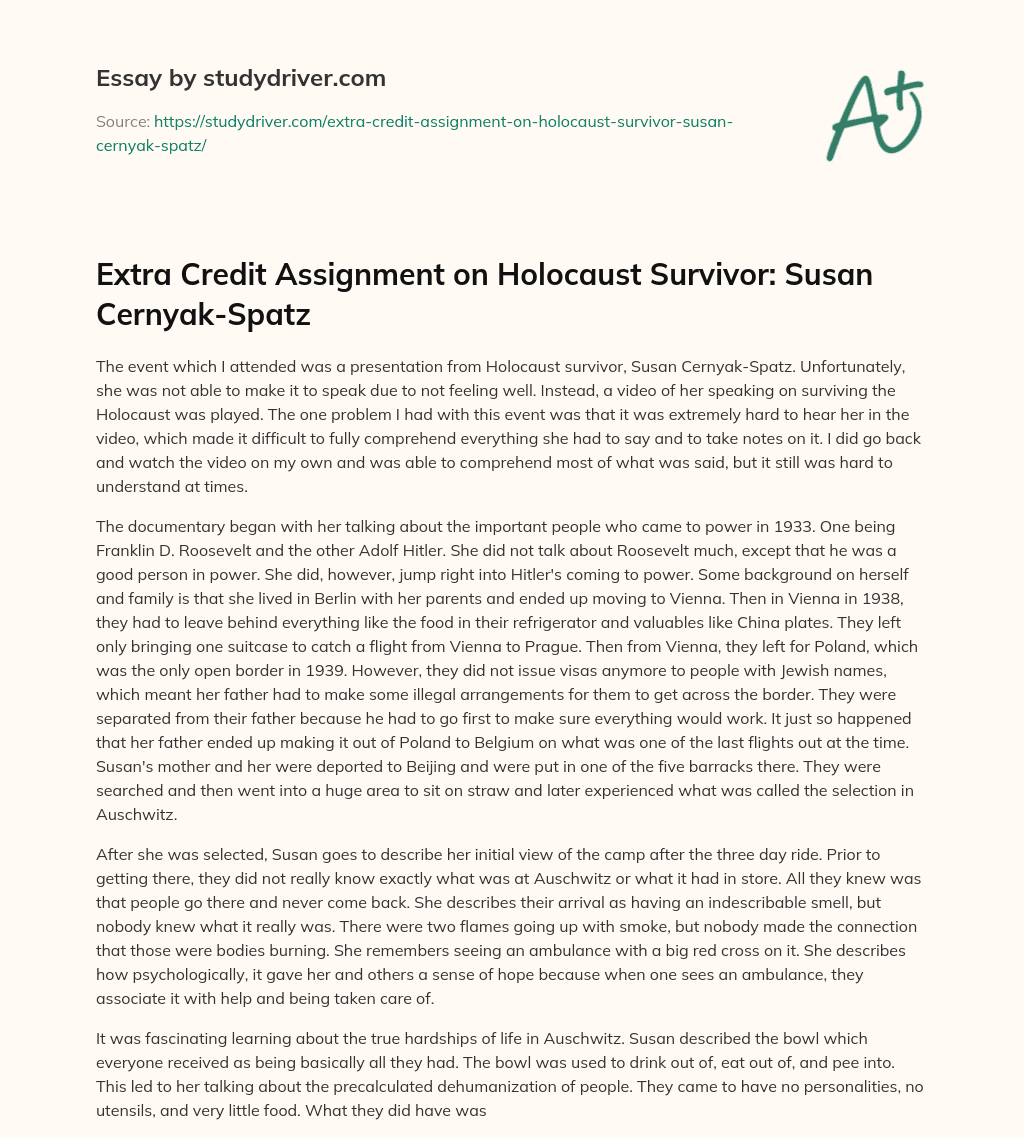 Extra Credit Assignment on Holocaust Survivor: Susan Cernyak-Spatz essay
