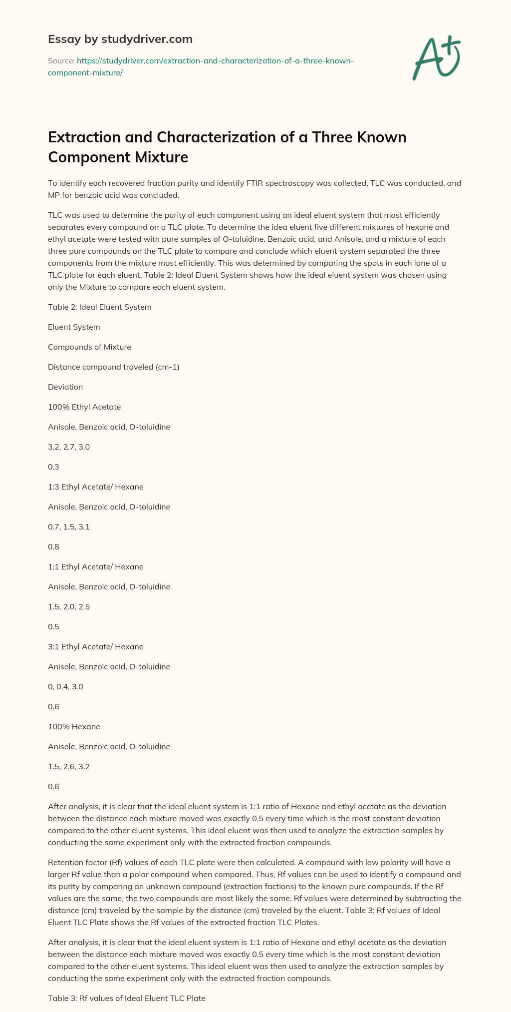 Extraction and Characterization of a Three Known Component Mixture essay