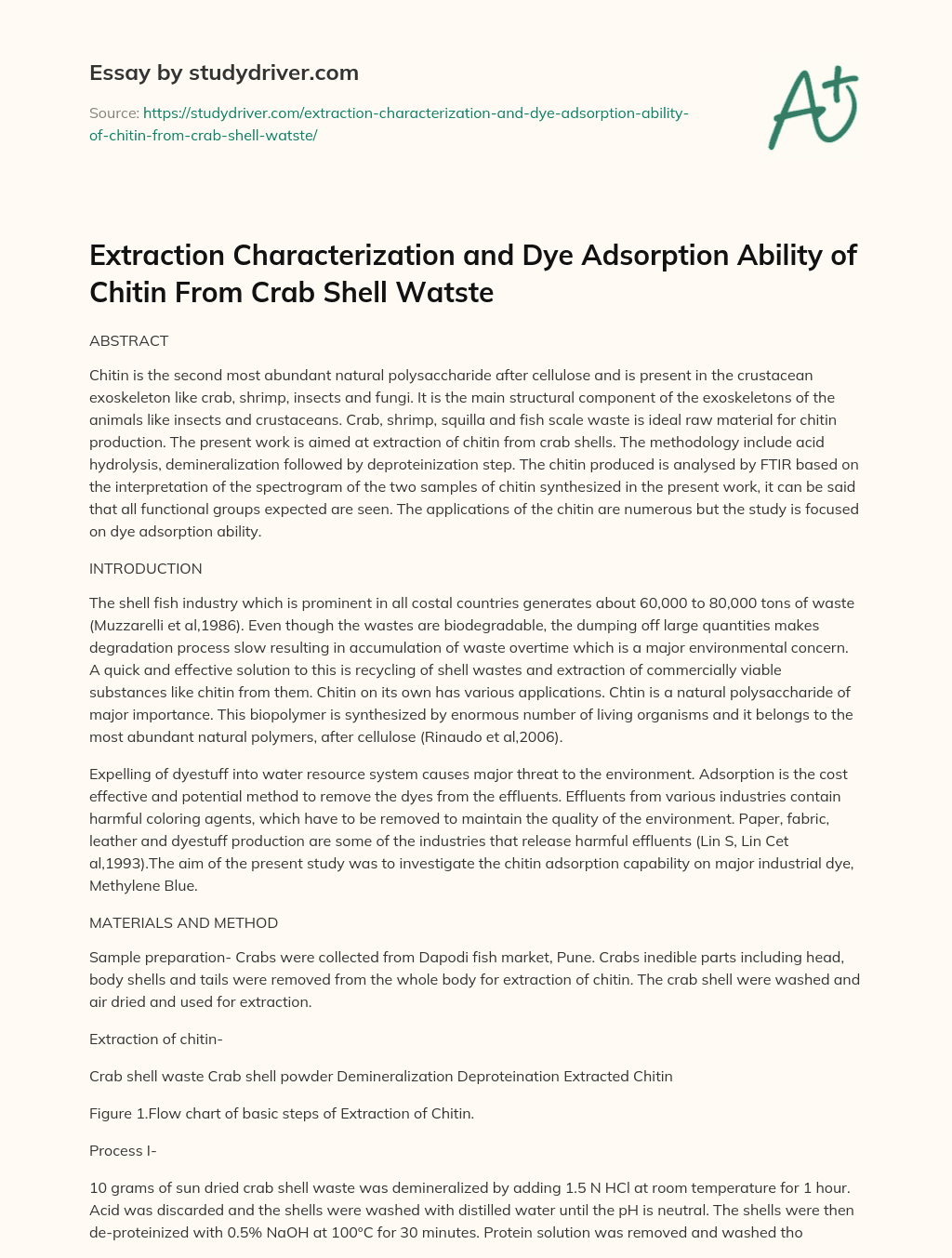 Extraction Characterization and Dye Adsorption Ability of Chitin from Crab Shell Watste essay